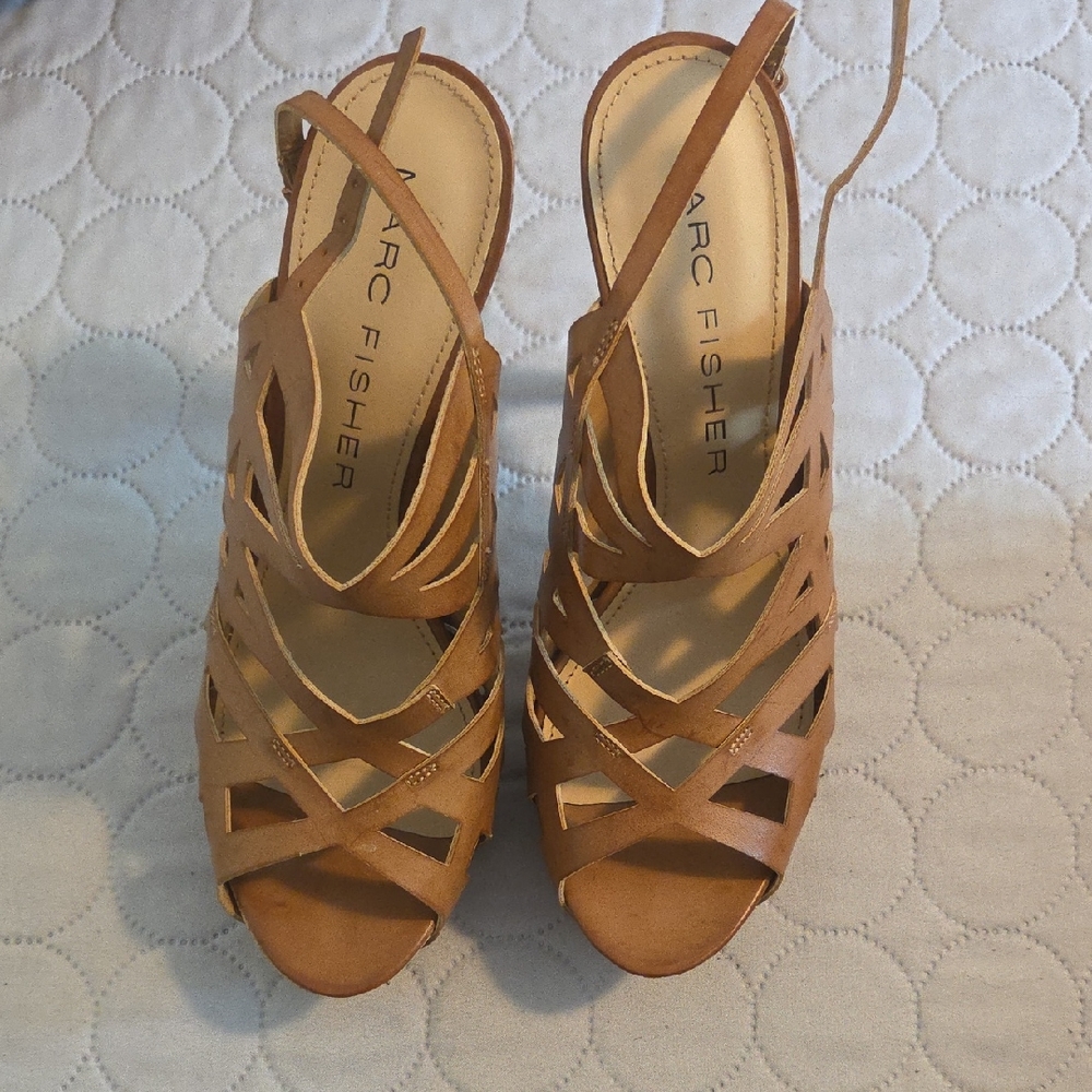 Marc Fisher Tan Strappy Wedge Sandals